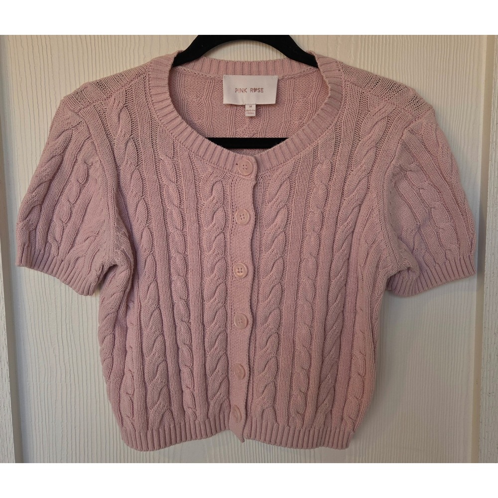 Pink Cable Knit Short Sleeve Fisherman Cardigan Sweater Sz M Cottage Fall Preppy
